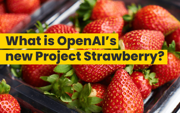 Image shows a punnet of strawberries with the text "what is OpenAI's new Project Strawberry?"