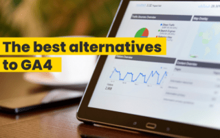 The image shows a screen with a Google analytics dashboard with the text on screen reading "The best alternatives to GA4"