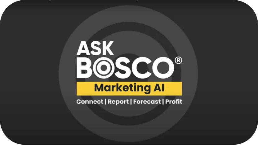 AskBosco Marketing AI logo with tagline Connect, Report, Forecast, Profit on a dark radial-patterned background.