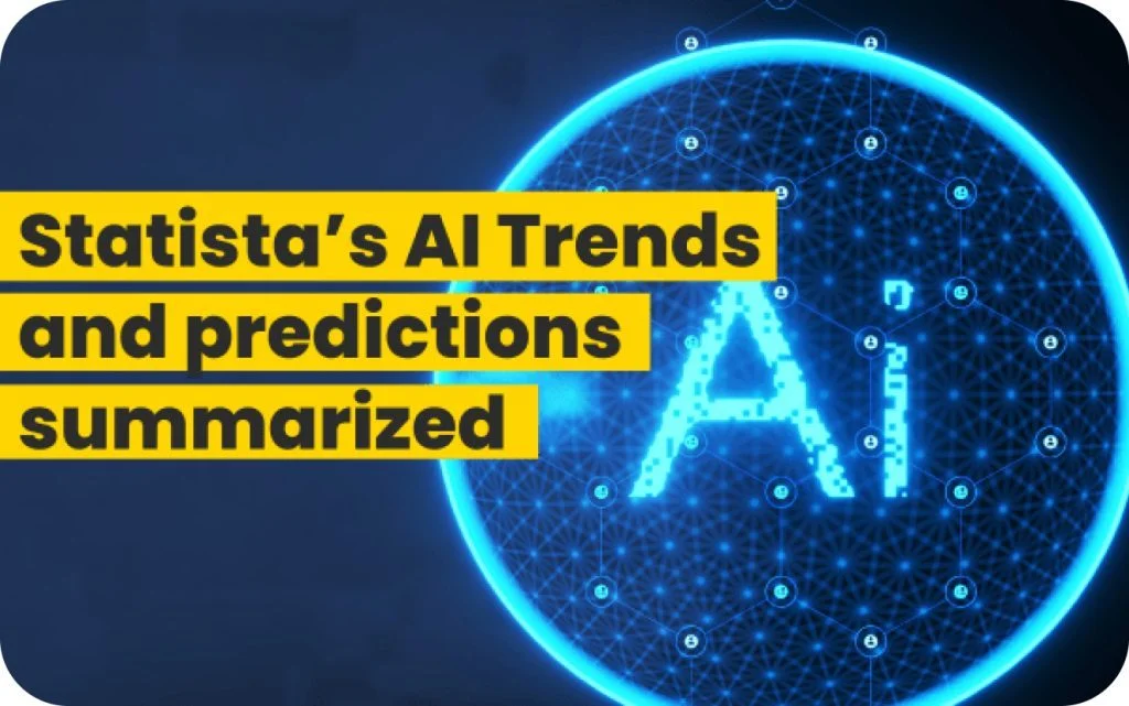 Title graphic reading Statista's AI Trends and predictions summarized, with glowing AI letters on a digital network sphere.