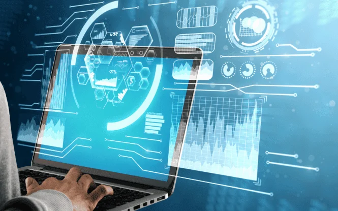 Person typing on a laptop with holographic data charts, symbolizing AI digital marketing analytics and insights.