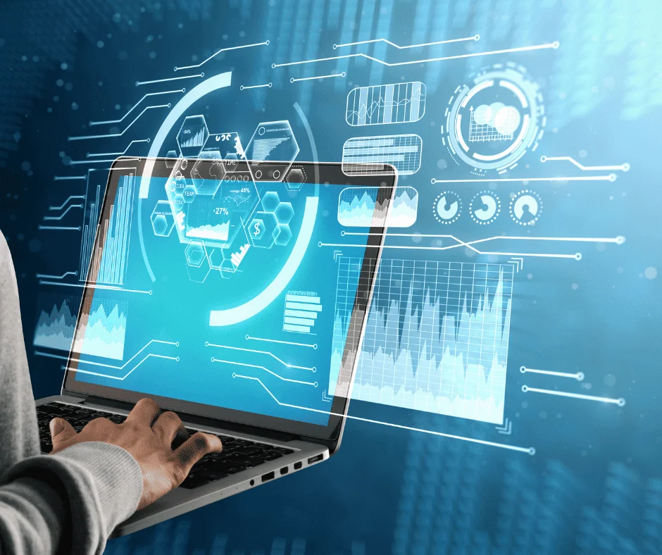 Person typing on a laptop with holographic data charts, symbolizing AI digital marketing analytics and insights.