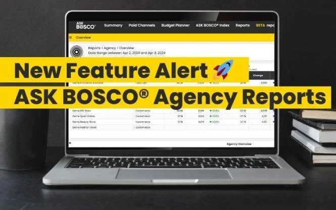 Laptop displaying ASK BOSCO® agency reporting dashboard, announcing the new Agency Reports feature.