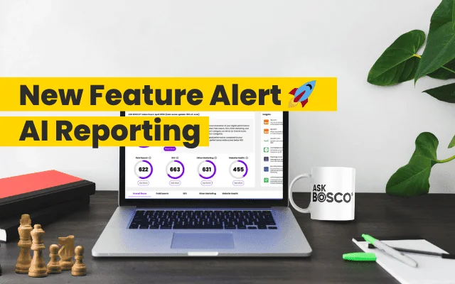 Laptop displaying ASK BOSCO AI reporting dashboard with performance scores, announcing the new feature launch.