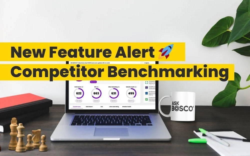 Laptop displaying ASK BOSCO dashboard to benchmark competitor marketing performance and scores. Laptop displaying ASK BOSCO dashboard to benchmark competitor marketing performance and scores.