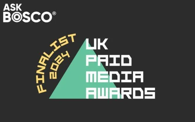 AskBosco logo with Finalist 2024 badge for the UK Paid Media Awards on a dark background.