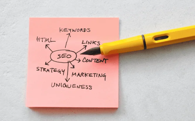 Hand-drawn SEO mind map on a sticky note showing site structure elements like keywords, links, and content.