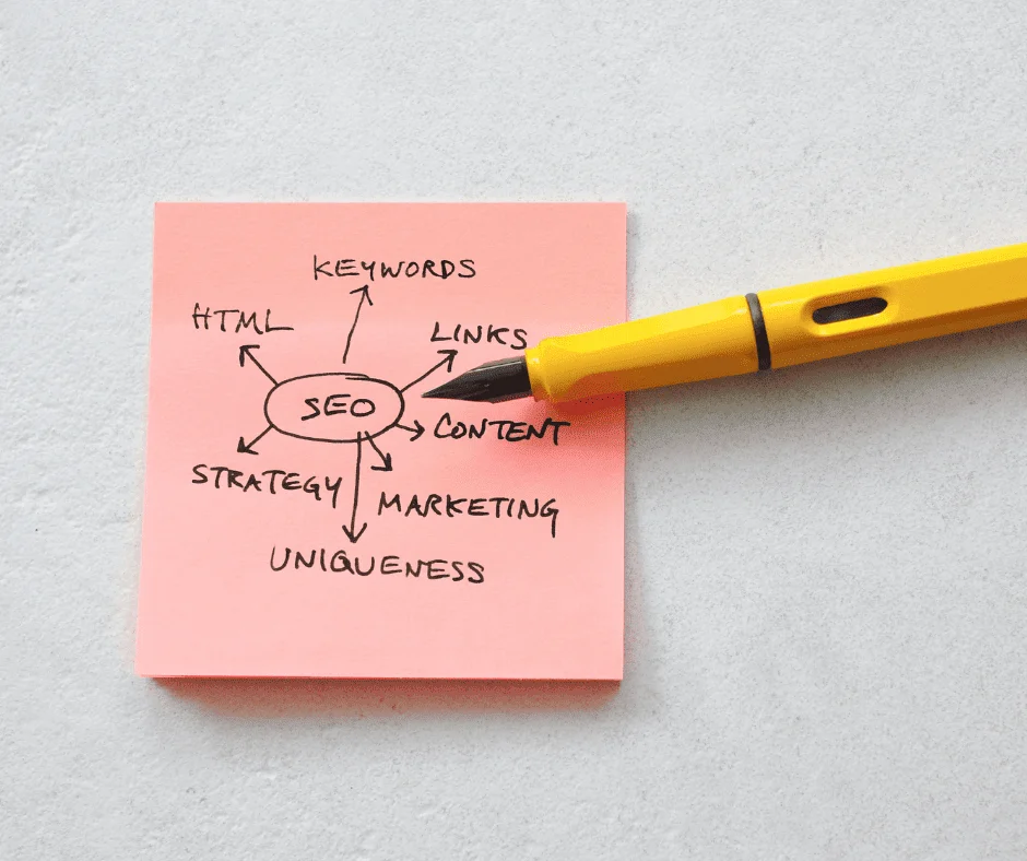 Hand-drawn SEO mind map on a sticky note showing site structure elements like keywords, links, and content.