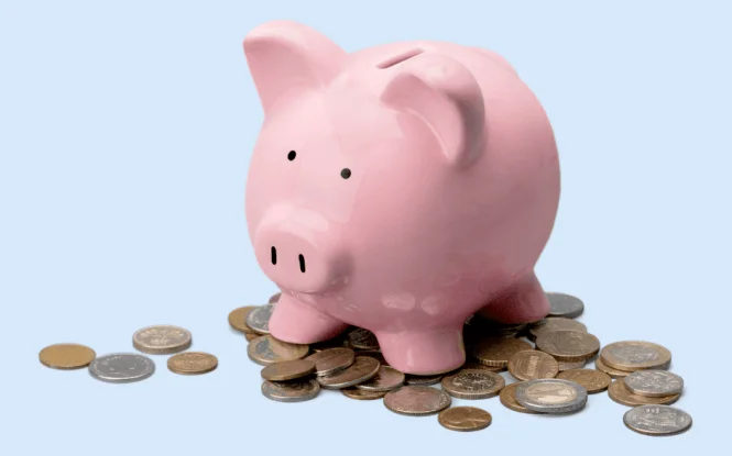 Pink piggy bank surrounded by coins, symbolizing how to plan and manage a digital marketing budget.