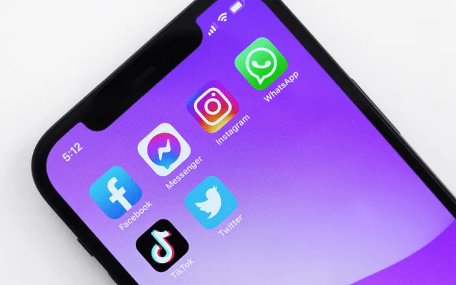 Smartphone screen displaying social media app icons, illustrating platforms used for paid social and organic social strategies.