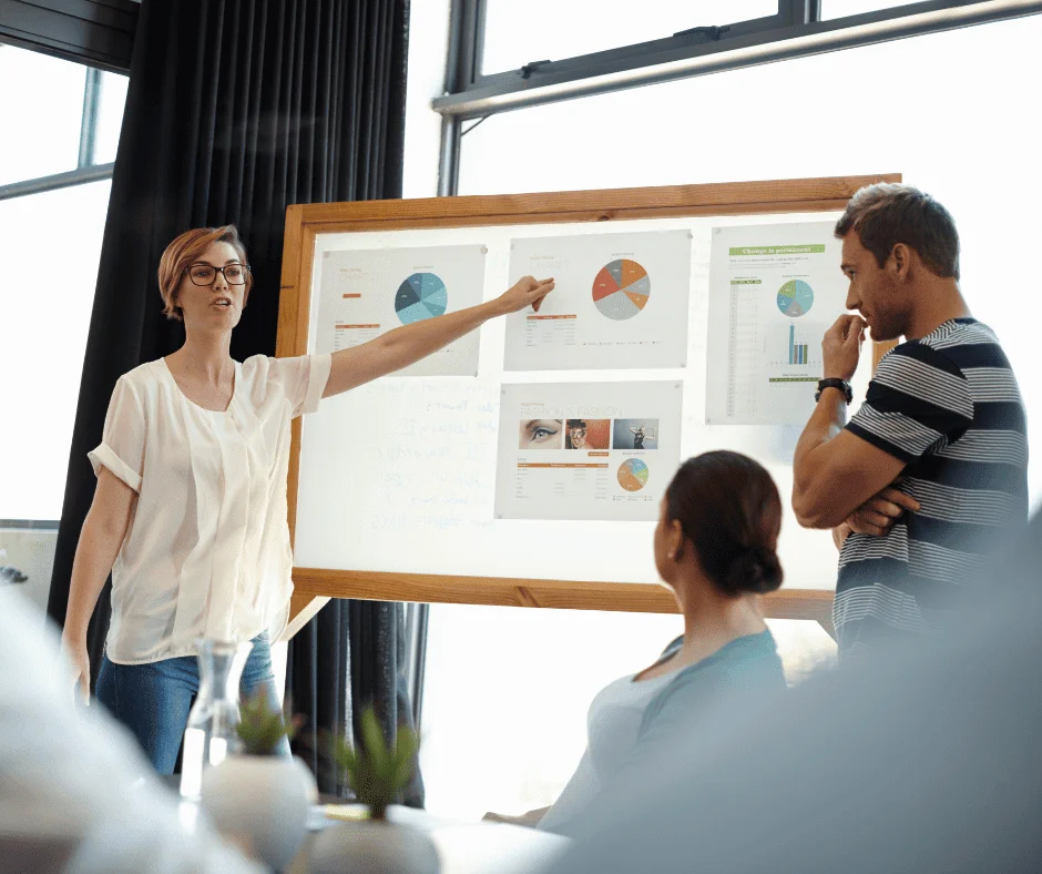 Woman presenting data charts on a whiteboard to colleagues, demonstrating an insights driven business approach.