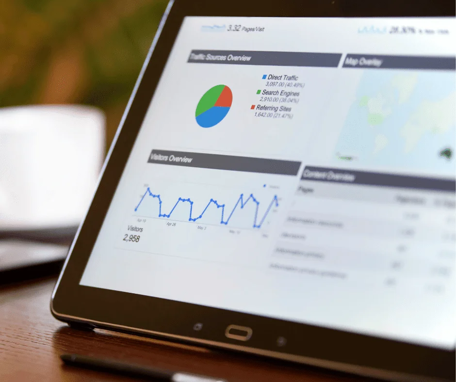 Tablet displaying a Google Analytics dashboard with traffic sources, useful for tracking Bing Ads performance.