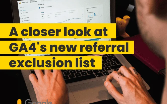 Person typing on a laptop showing Google Analytics, illustrating a guide to GA4 referral exclusion lists.