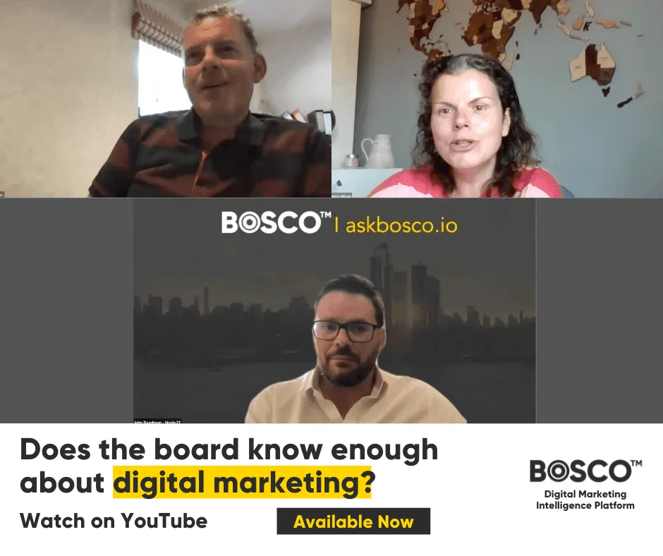 Three-person video call discussing digital marketing board awareness, promoting BOSCO's digital marketing intelligence platform.