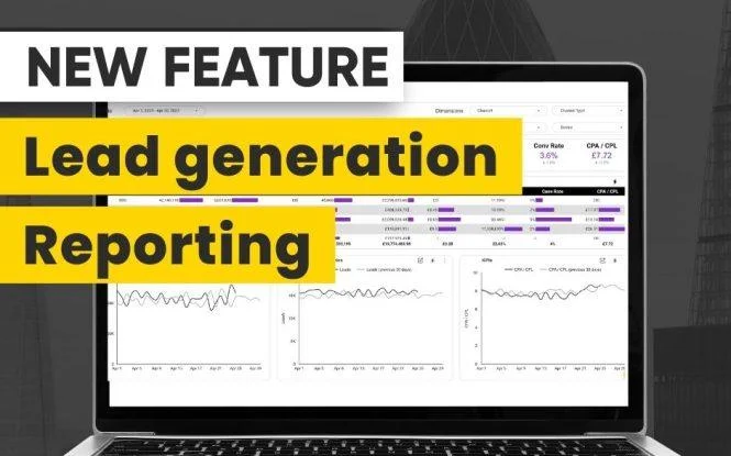 Laptop displaying a lead generation reporting dashboard with charts, conversion rates, and KPI metrics.