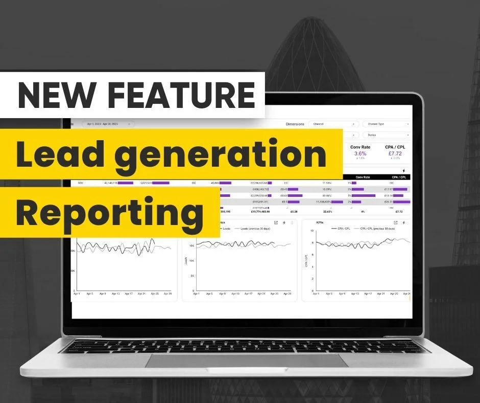Laptop displaying a lead generation reporting dashboard with charts, conversion rates, and KPI metrics.