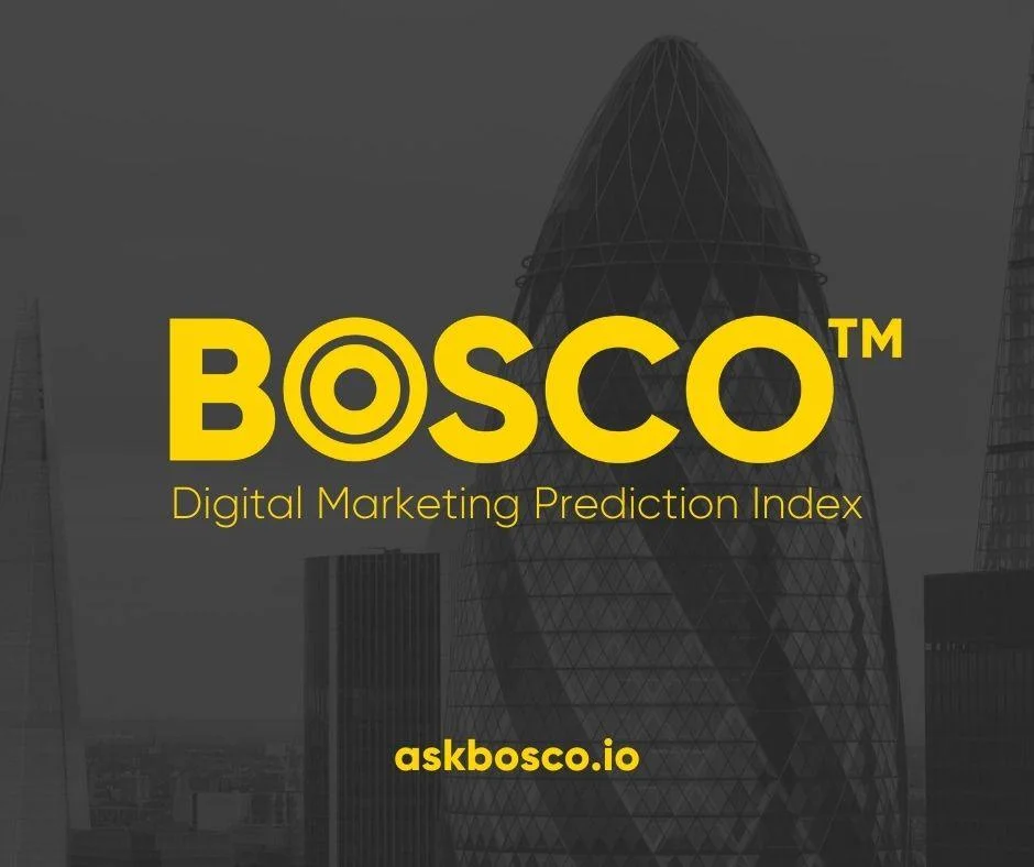 BOSCO Digital Marketing Prediction Index logo over London's Gherkin skyline, askbosco.io