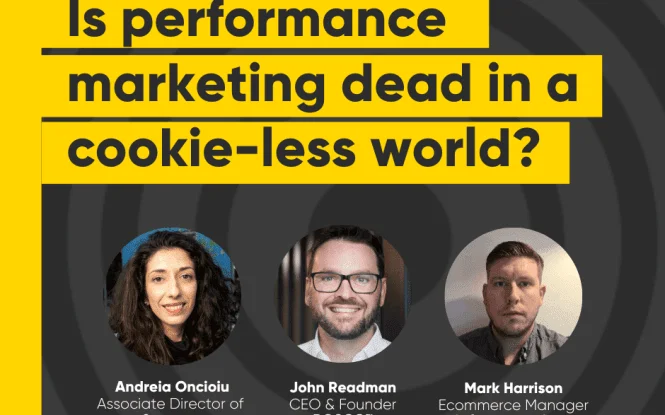 Panel discussion graphic asking if performance marketing is dead in a cookie-less future, featuring three speakers.