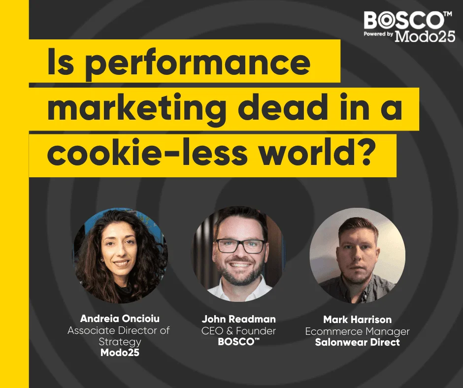 Panel discussion graphic asking if performance marketing is dead in a cookie-less future, featuring three speakers. Panel discussion graphic asking if performance marketing is dead in a cookie-less future, featuring three speakers.