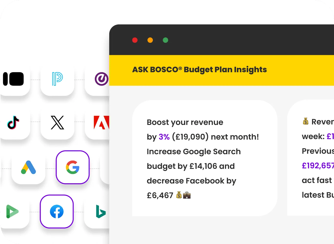 Marketing platform integrations grid with ASK BOSCO Budget Plan Insights showing revenue growth recommendations.
