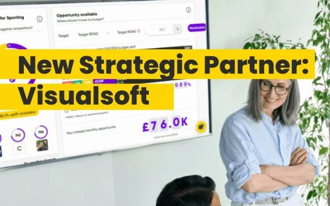 Announcement banner for new ASK BOSCO strategic partner Visualsoft, with analytics dashboard and two colleagues discussing results.