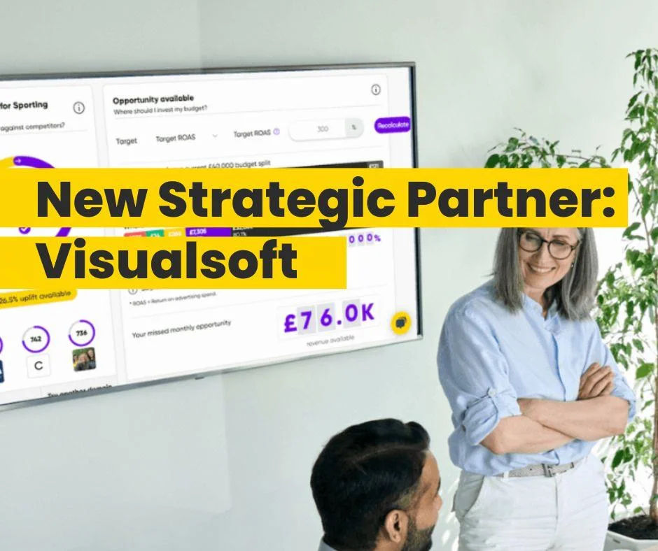 Announcement banner for new ASK BOSCO strategic partner Visualsoft, with analytics dashboard and two colleagues discussing results.