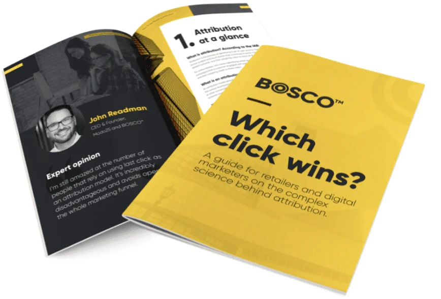 BOSCO attribution guide "Which Click Wins?" brochure cover with an open page featuring expert opinion from John Readman.