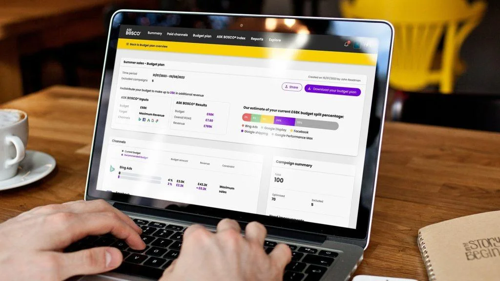 Laptop screen displaying the ASK BOSCO® marketing dashboard with budget plan and channel performance data.