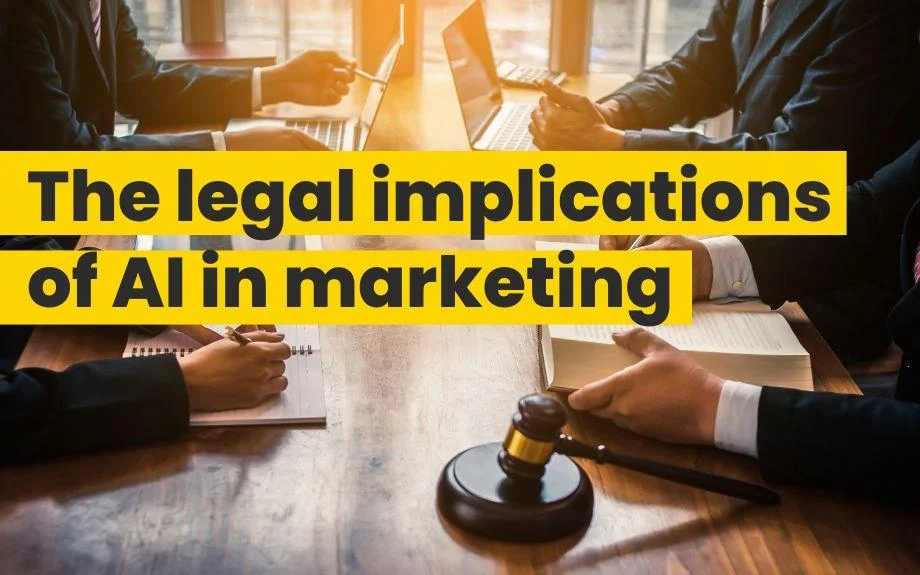 Legal professionals with gavel and documents discuss the legal implications of AI in marketing.