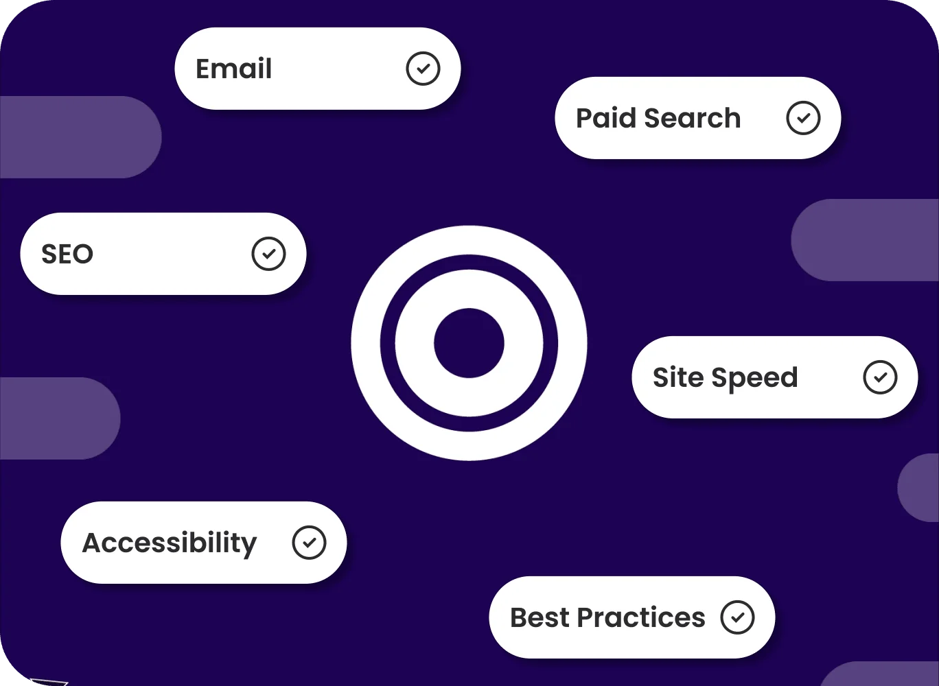Target icon surrounded by marketing checklist tags like SEO and Site Speed, illustrating AI competitor benchmarking categories.