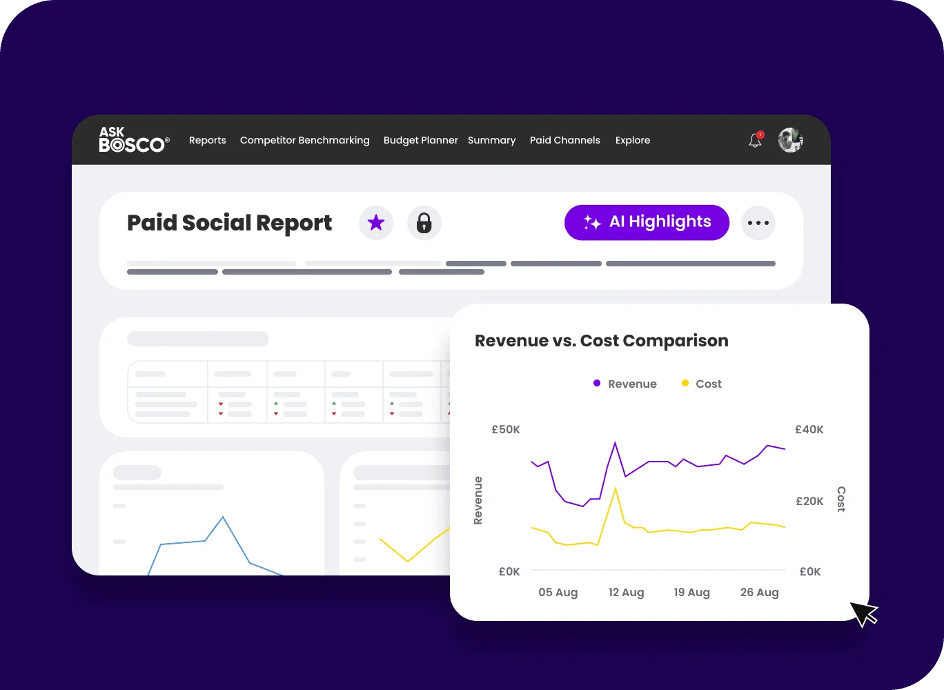 AskBosco dashboard showing Paid Social Report with Instagram Ads Integration data in a revenue versus cost comparison chart.