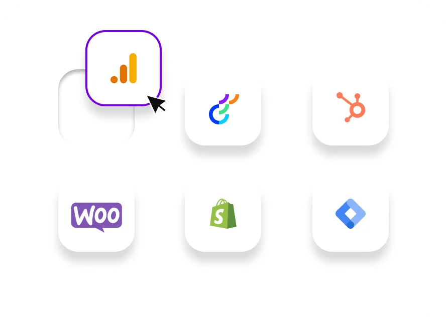 Integration icons for Google Analytics, HubSpot, WooCommerce, Shopify, and more used in Conversion Rate Optimization (CRO) Reports.