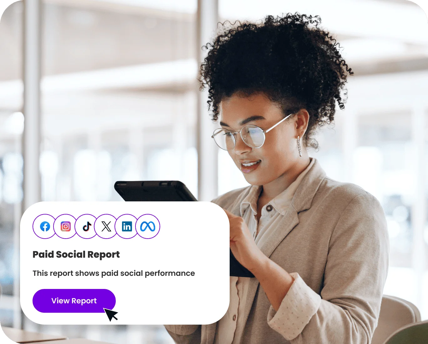 Agency AI Reporting & Forecasting dashboard card showing a Paid Social Report with a View Report button, woman using tablet in background.