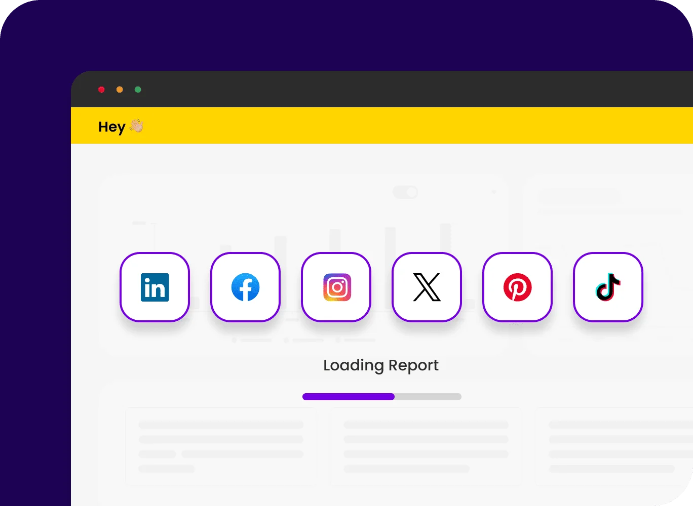 Dashboard showing LinkedIn Reporting Integration alongside other social media platforms while a report loads.