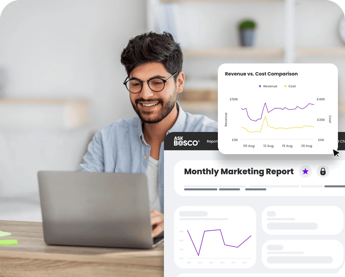 Smiling man using laptop with AskBosco dashboard showing Marketing Manager Reporting & Forecasting charts.