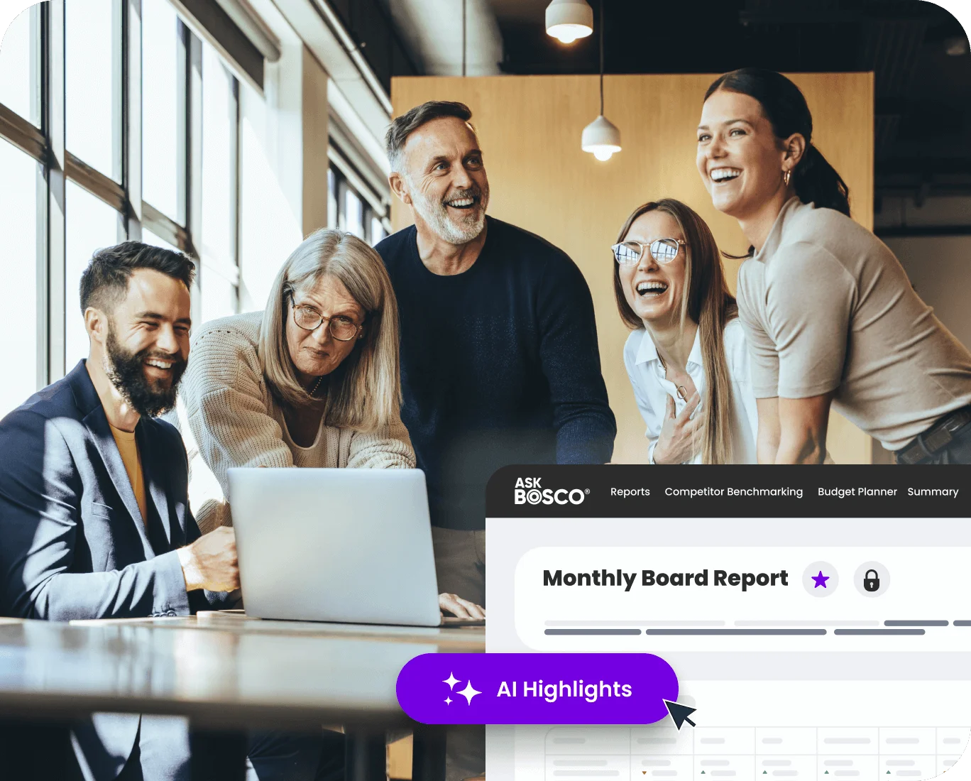 Five colleagues laughing around a laptop while reviewing C-Suite Reporting & Forecasting dashboard with AI Highlights. Five colleagues laughing around a laptop while reviewing C-Suite Reporting & Forecasting dashboard with AI Highlights.