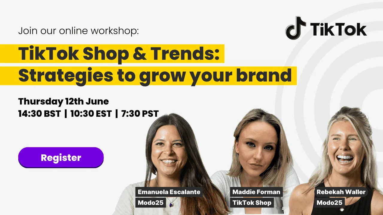 Invitation for TikTok Shop & Trends workshop on June 12 featuring speakers Emanuela Escalante, Maddie Forman, and Rebekah Waller.
