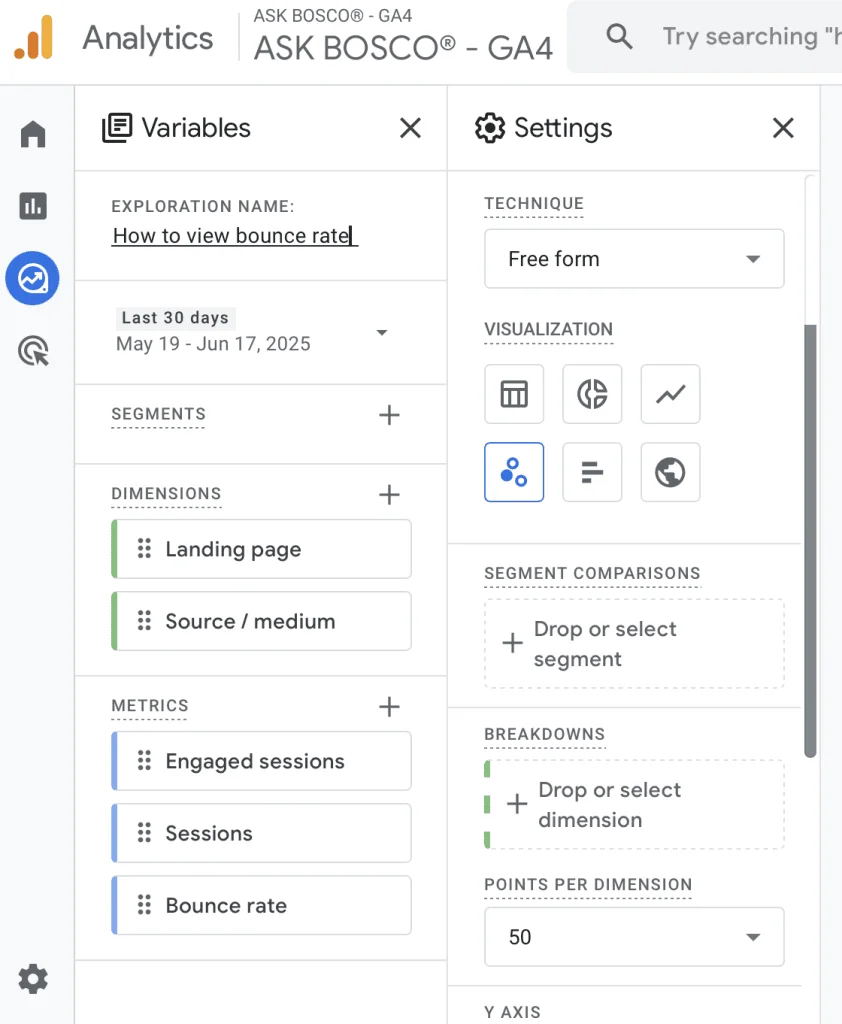 Google Analytics 4 exploration setup showing bounce rate metric alongside landing page and session dimensions.