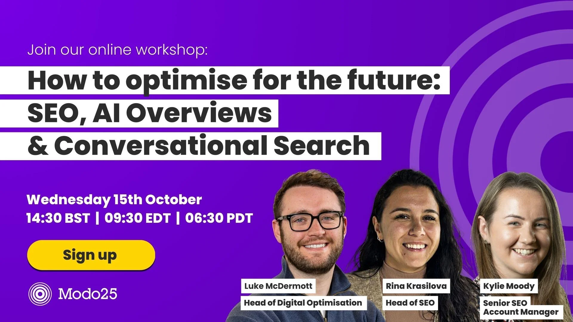 Modo25 webinar invite on SEO, AI Overviews and conversational search, Wednesday 15th October, with three speakers.