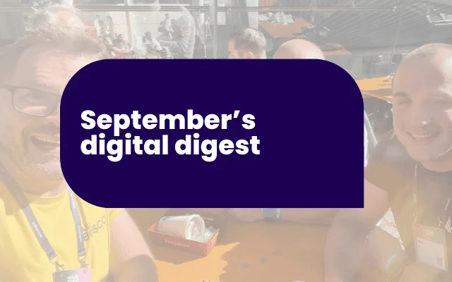 Banner reading September's digital digest over a photo of people at a conference table, from an article about Google's AI investment.