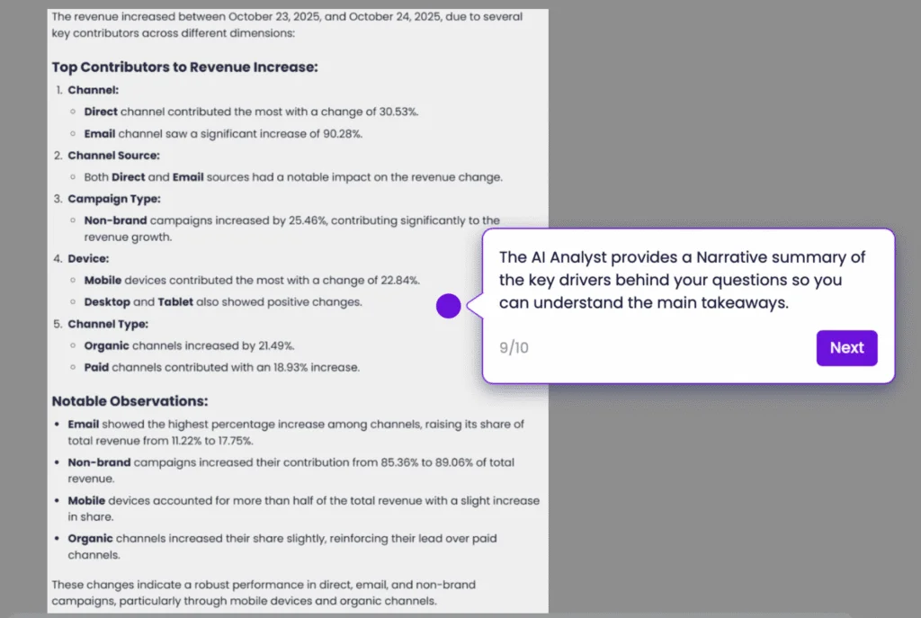ASK BOSCO AI Analyst narrative summary highlighting revenue drivers with an onboarding tooltip explaining the feature, step 9 of 10.