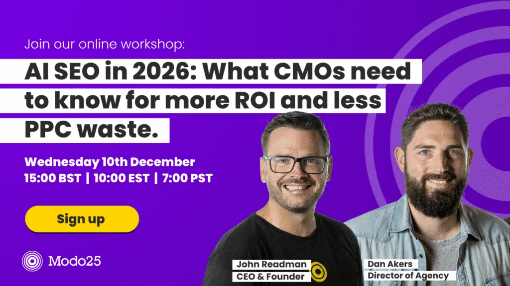 Modo25 workshop invite for AI SEO in 2026, featuring speakers John Readman and Dan Akers, December 10th event.