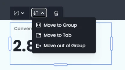 Toolbar menu showing grouping options to move a dashboard widget to a group, tab, or out of a group.