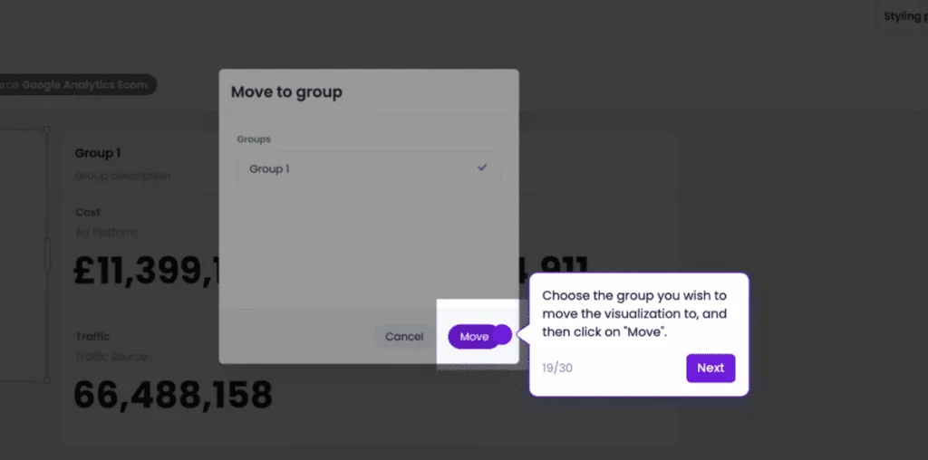 Onboarding tooltip guiding users to select a group and click Move in the grouping dialog, step 19 of 30.