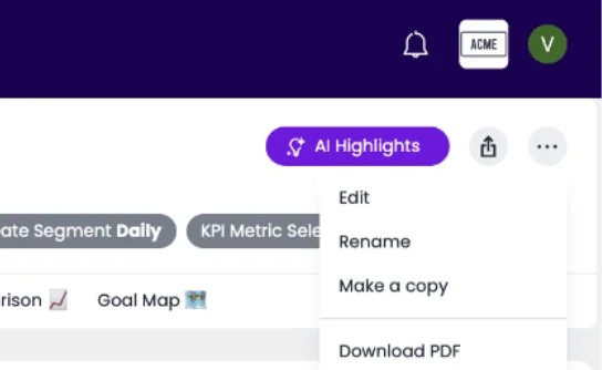 Dashboard toolbar with AI Highlights button and options menu showing Edit, Rename, Make a copy, and Download PDF for grouping reports.