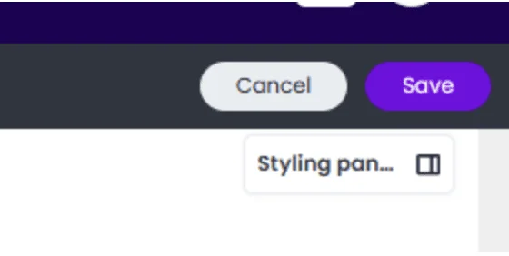 Toolbar showing Cancel and Save buttons above a Styling panel toggle for grouping dashboard elements.
