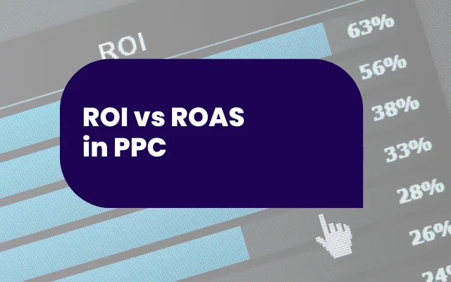 Graphic comparing ROI vs ROAS metrics in PPC advertising with percentage bar chart background.