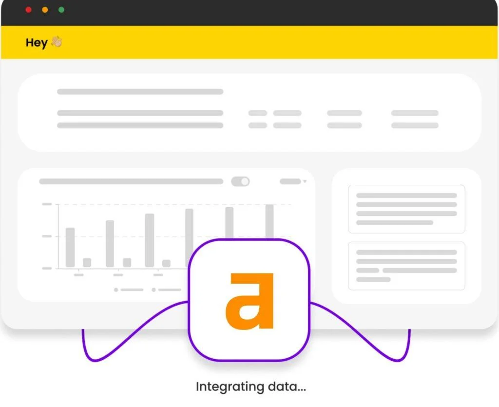 Dashboard mockup with charts and text placeholders showing the Ahrefs integration connecting and integrating data.